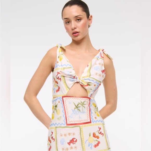 Abercrombie and Fitch Tie Front Scarf Midi Dress Italy Coastal Fruit Sz L NEW - Picture 2 of 13